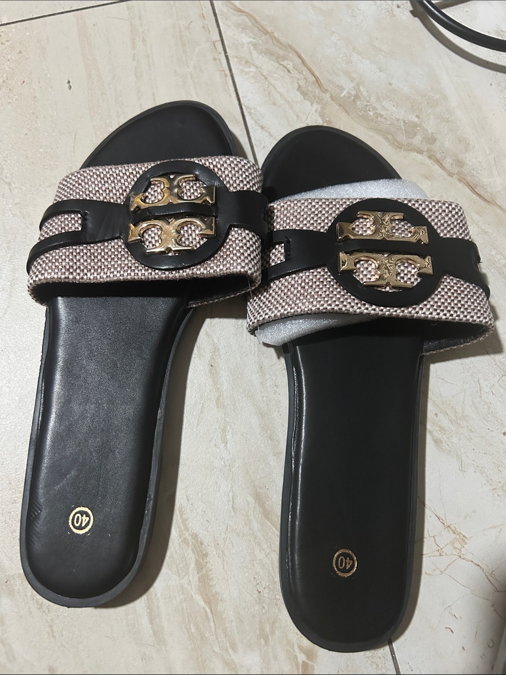 Angel Dear Black Slide Sandals with Beige Woven Strap and Gold Emblem